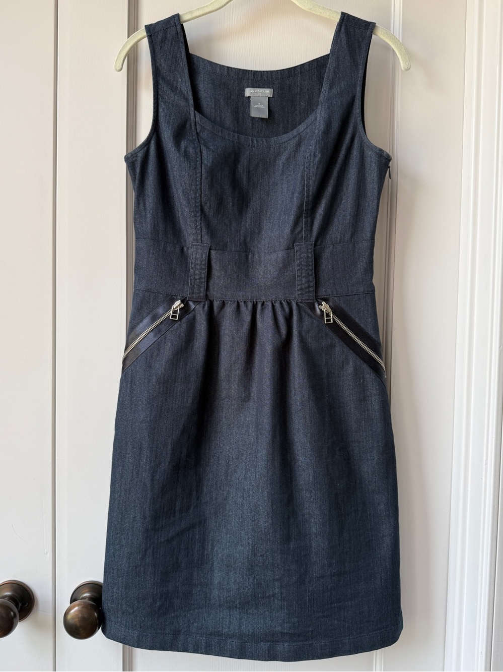 Ann Taylor Dark Indigo Sleeveless Denim Mini Dress with Zip Pockets